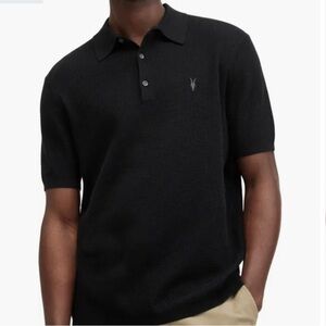 All Saints Aubrey Short Sleeve Rib Knit Polo in Black XXL NWOT